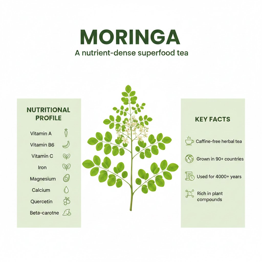Moringa tea nutritional profile infographic showing vitamins A, B6, C, iron, magnesium, calcium, quercetin and beta-carotene, with key facts about moringa oleifera