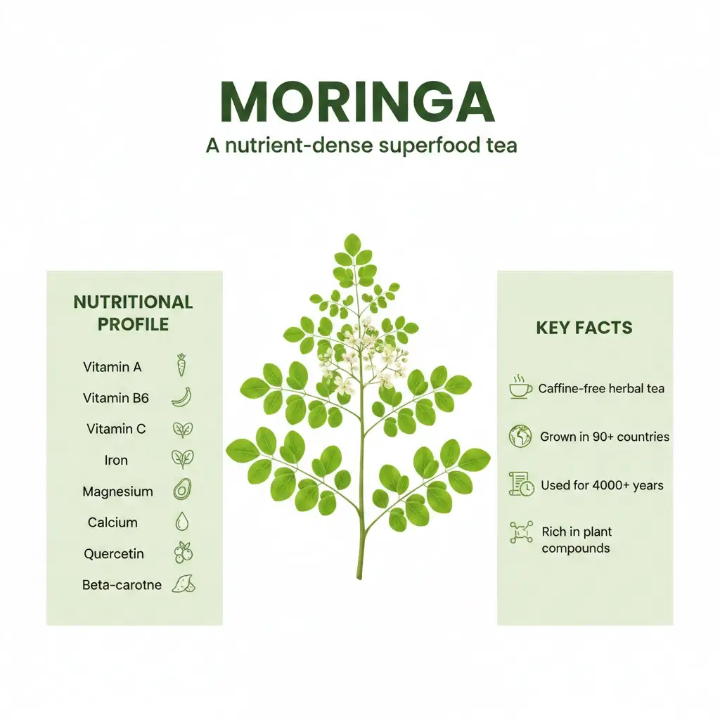 Moringa tea nutritional profile infographic showing vitamins A, B6, C, iron, magnesium, calcium, quercetin and beta-carotene, with key facts about moringa oleifera
