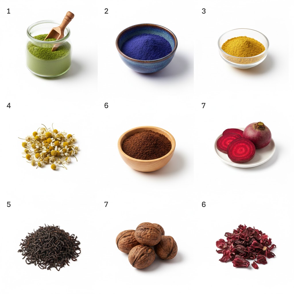 Nine natural hair dye ingredients grid showing henna powder, indigo, cassia, chamomile, coffee, beetroot, tea, walnut, and hibiscus flowers