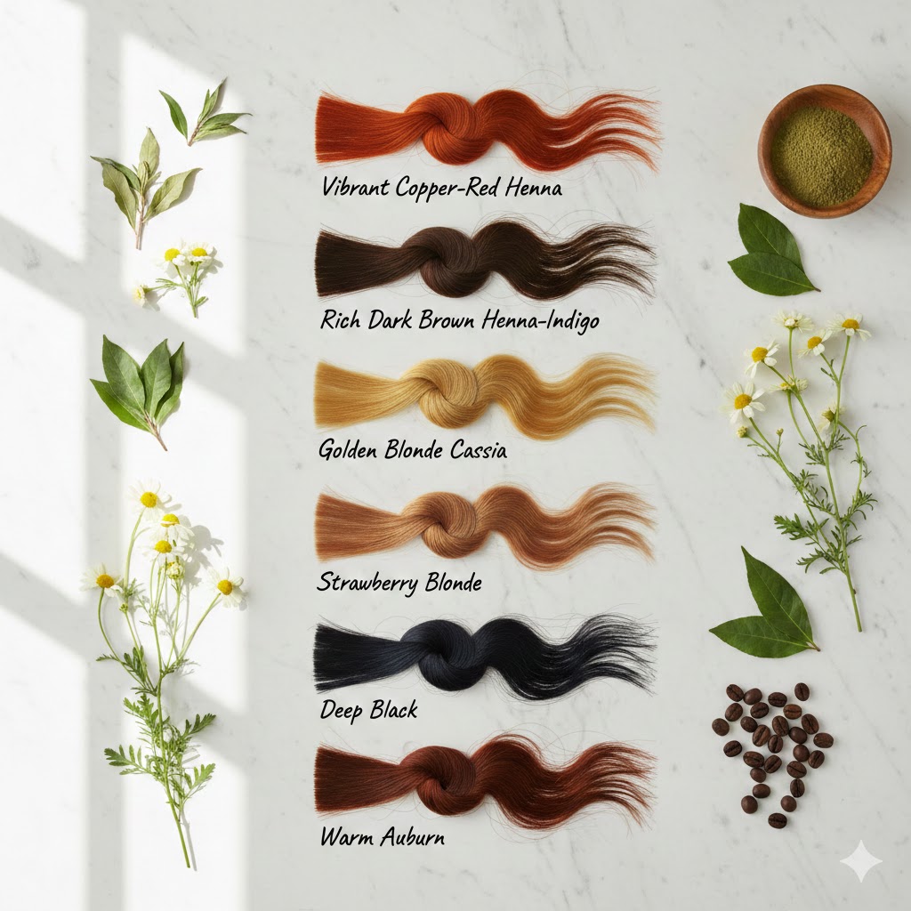 Natural hair color swatches showing henna red, indigo black, cassia blonde, and brown results with botanical ingredients on marble surface