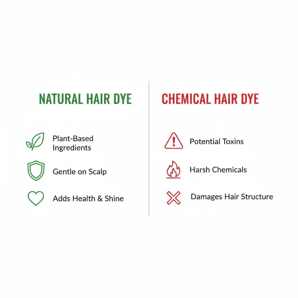 Infographic comparing natural vs chemical hair dye showing plant-based benefits on left with green theme versus chemical drawbacks on right with warning icons
