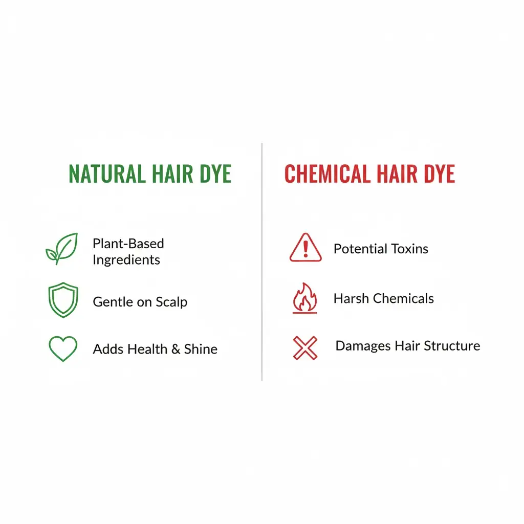Infographic comparing natural vs chemical hair dye showing plant-based benefits on left with green theme versus chemical drawbacks on right with warning icons