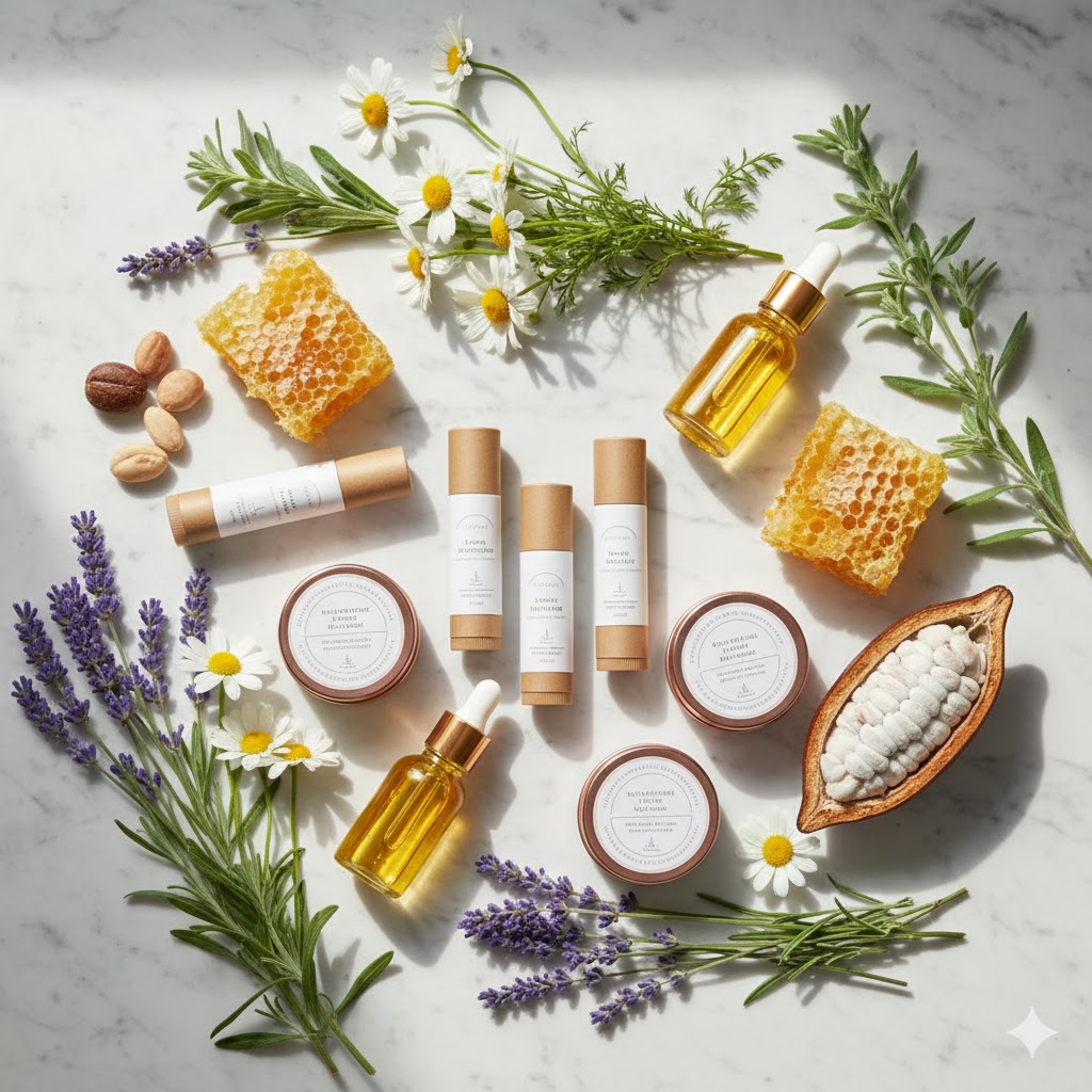 Natural lip balm products with botanical ingredients including beeswax, essential oils, lavender, chamomile, and shea butter on marble surface
