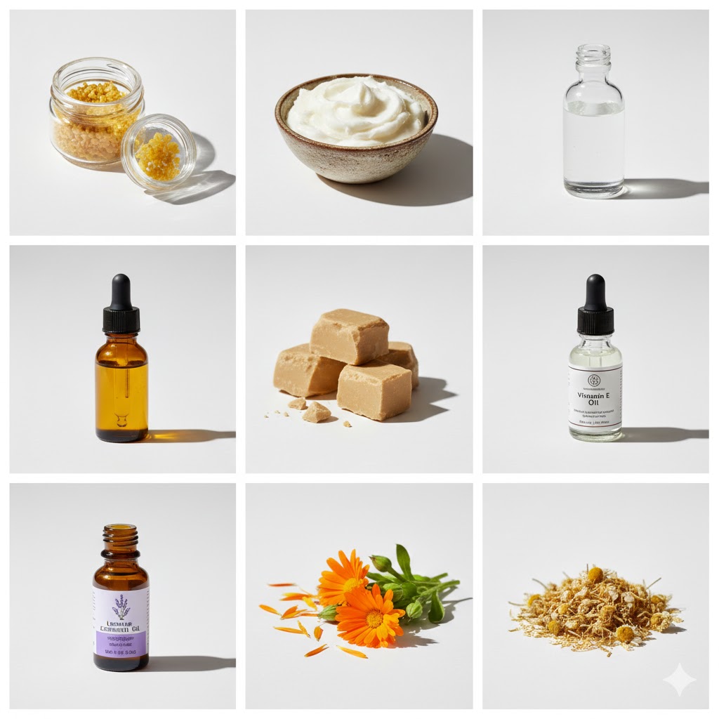 Natural lip balm ingredients grid showing beeswax pellets, shea butter, coconut oil, vitamin E oil, essential oils, calendula and chamomile flowers