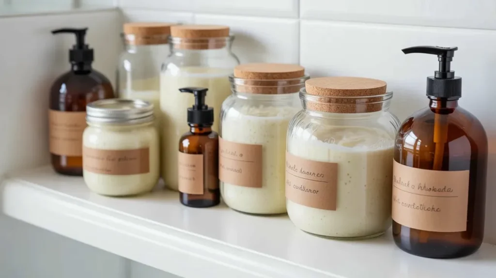 Homemade hair conditioner stored in labeled glass jars and amber bottles on clean white bathroom shelf showing proper storage method