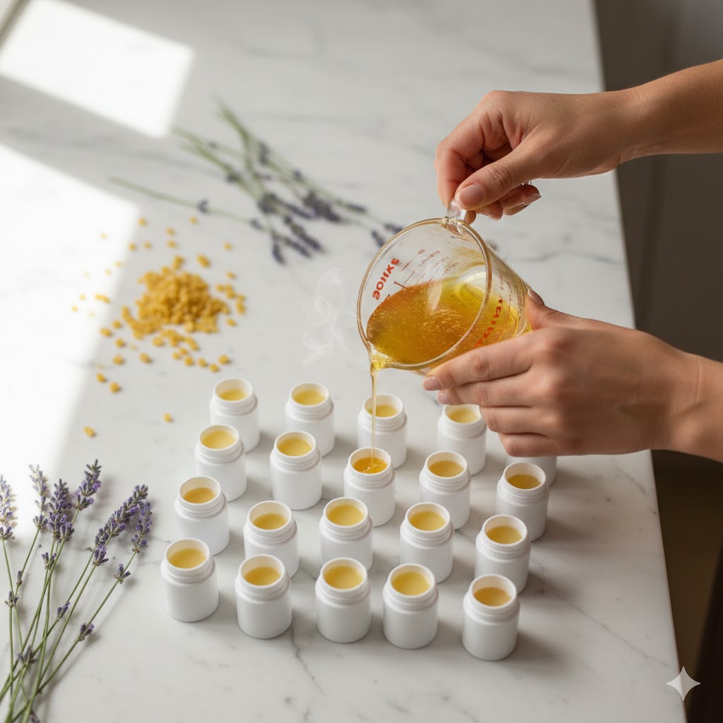 Woman pouring golden melted natural lip balm mixture into white containers, DIY tutorial with beeswax pellets and lavender on marble counter