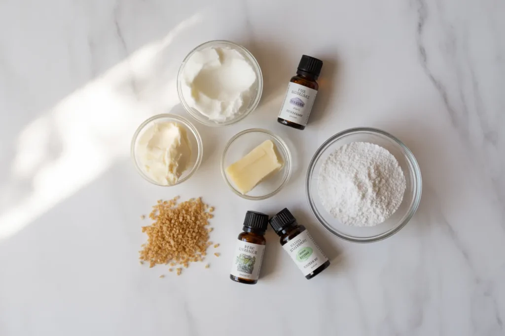  natural deodorant 
ingredients neatly arranged with intentional negative space — 
coconut oil in a small bowl, shea butter, arrowroot powder, 
baking soda, candelilla wax pellets, lavender essential oil 
bottle and tea tree oil bottle.