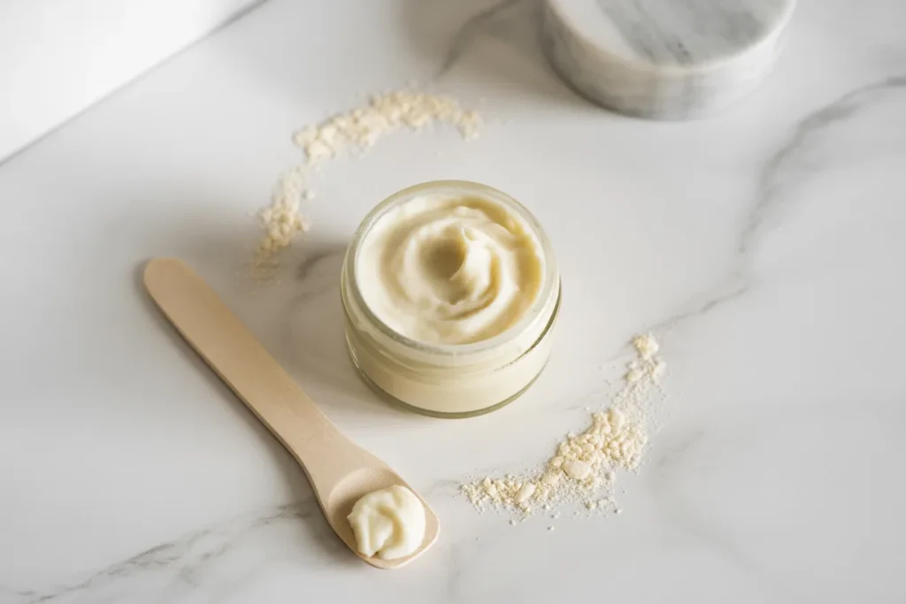 Small open glass jar with creamy white coconut oil deodorant 
paste on white marble, wooden spatula resting beside it, 
arrowroot powder dusted on the surface nearby.