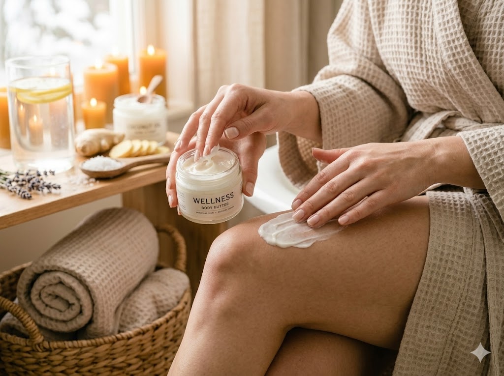 Moisturizing with body butter after a detox bath — natural wellness self-care ritual