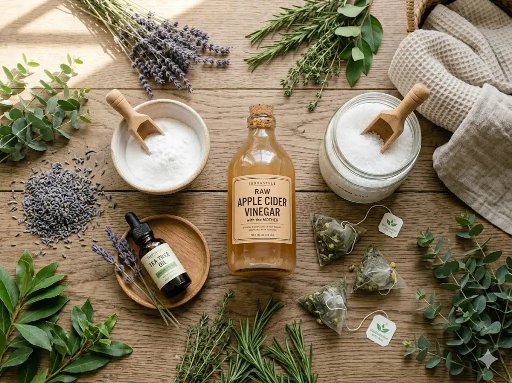 Apple cider vinegar balancing detox bath recipe with tea tree oil, Epsom salt and fresh herbs on wooden surface
