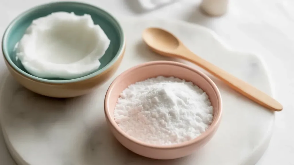 Coconut oil and baking soda for deodorant — two ceramic bowls with white coconut oil and powder on a marble surface with a wooden spoon