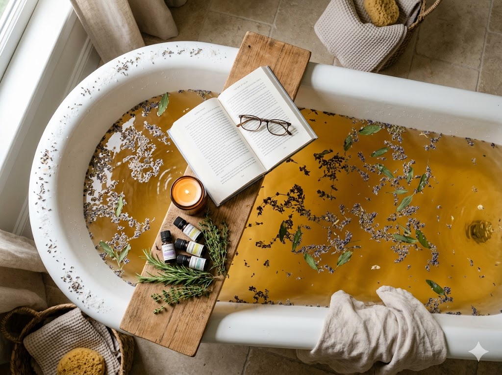 Classic Epsom salt detox bath recipe with essential oils, herbs and candlelight