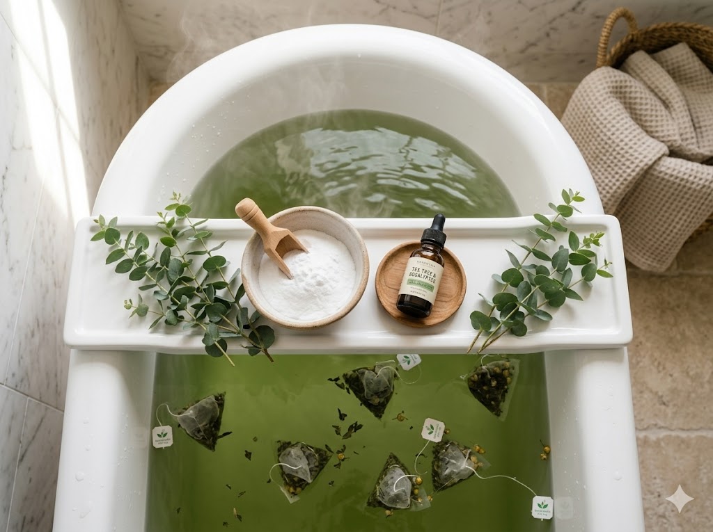 Green tea antioxidant detox bath recipe with tea bags floating in green water and eucalyptus