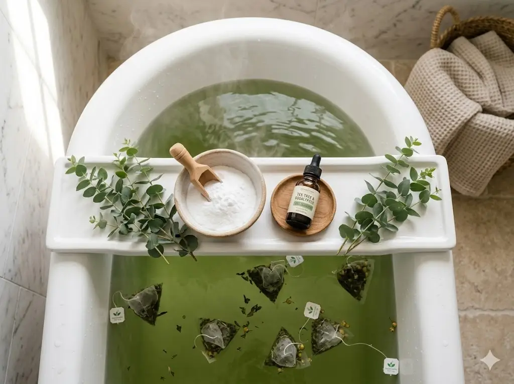 Green tea antioxidant detox bath recipe with tea bags floating in green water and eucalyptus