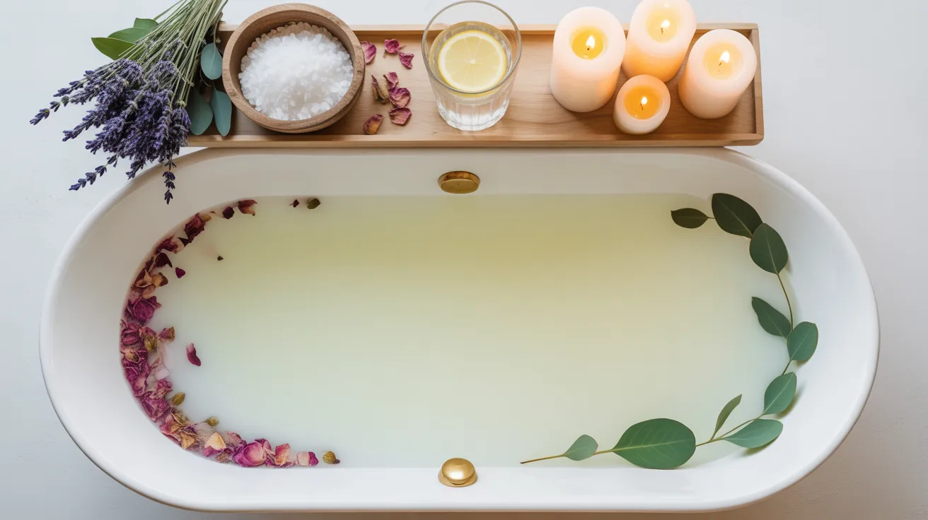 Detox bath recipe with Epsom salt, lavender, rose petals and candles — natural home wellness ritual