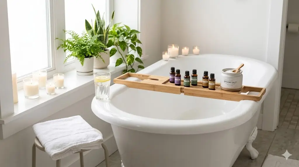 How to take a detox bath at home — clawfoot bathtub with essential oils, Epsom salt, candles and green plants