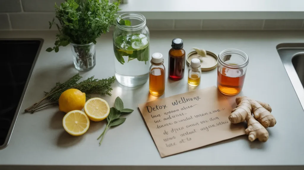 Expert tips for homemade detox drinks — fresh natural ingredients laid out with glass jars and herbal elements on clean kitchen counter