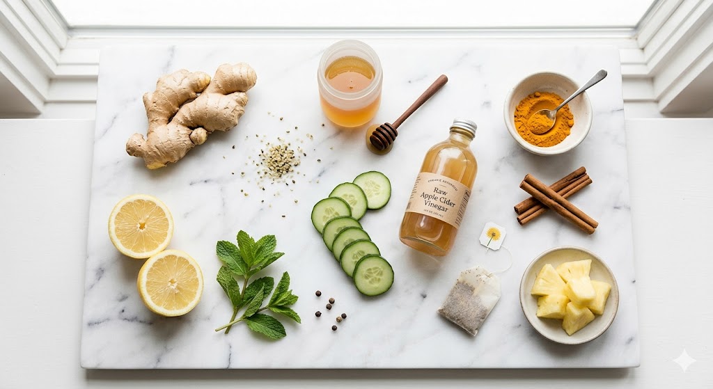 Natural detox drink ingredients — fresh ginger, lemon, cucumber, mint, turmeric, apple cider vinegar and honey on marble surface