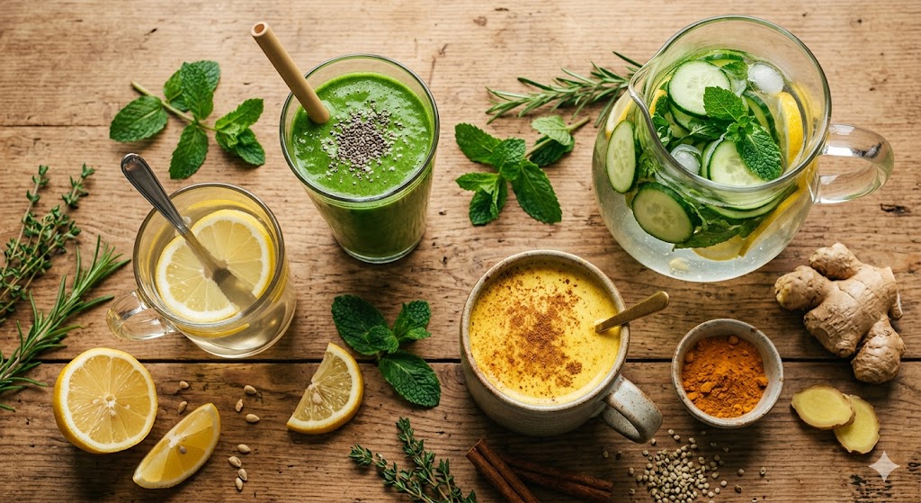 Homemade detox drinks collection — lemon ginger water, green smoothie, golden turmeric latte and herbal tea on wooden table