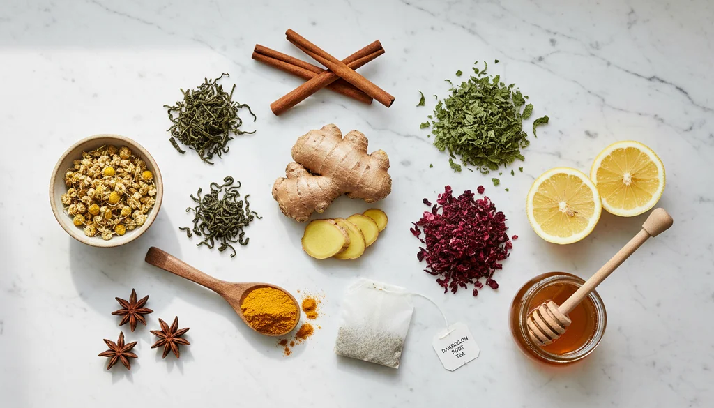 Best detox tea ingredients — dried chamomile, ginger root, green tea, dandelion, peppermint, cinnamon and turmeric on marble