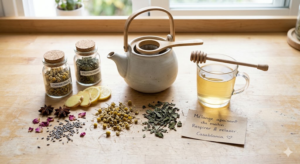 Expert tips for brewing detox tea — herbal ingredients, ceramic teapot, dried flowers and fresh botanicals on natural wooden surface