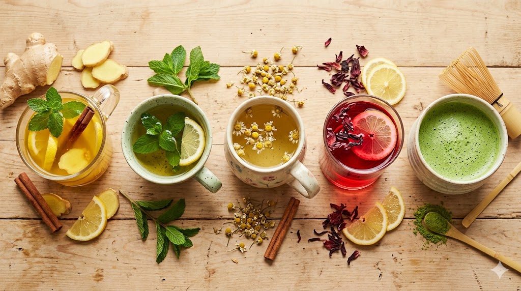 Homemade detox tea collection—lemon ginger turmeric tea, green tea cleanse, chamomile lavender and hibiscus rosehip tea beautifully arranged on wooden table