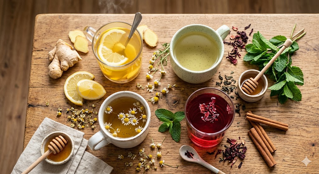 What is detox tea — collection of herbal teas with ginger, lemon, chamomile, green tea and mint on wooden table