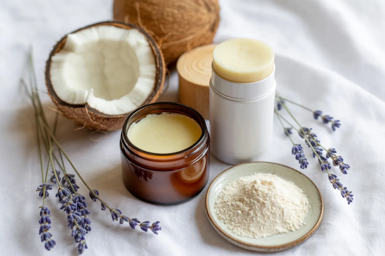 Finished homemade natural deodorant in an amber glass jar and a white stick container, with coconut halves, dried lavender sprigs and arrowroot powder on a white linen surface