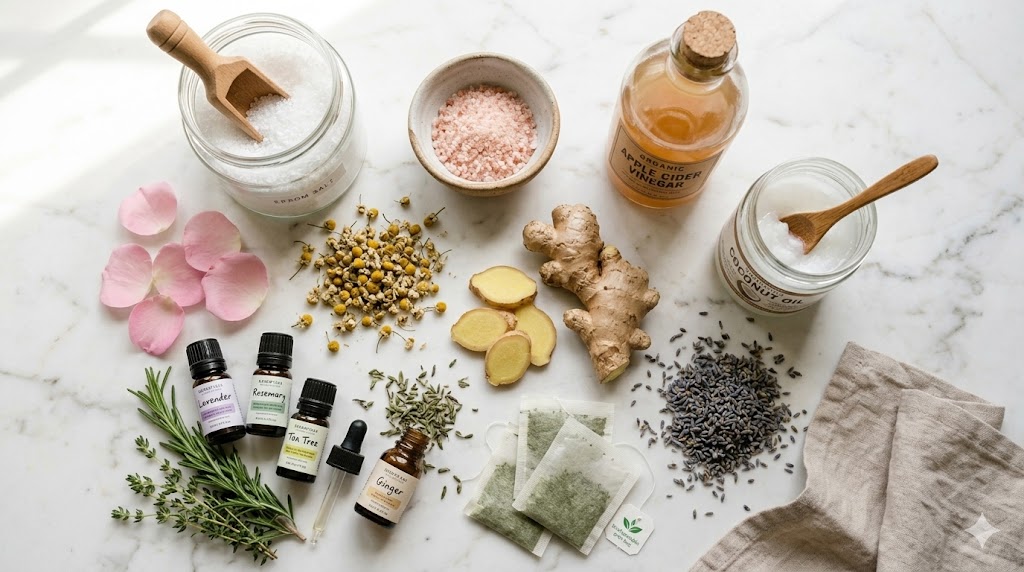 Complete detox bath recipe ingredients — Epsom salt, Himalayan salt, apple cider vinegar, coconut oil, ginger and essential oils on marble