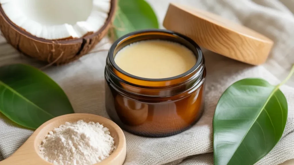 Finished homemade natural deodorant in an amber glass jar with coconut, green leaves and arrowroot powder — result of a DIY natural deodorant recipe