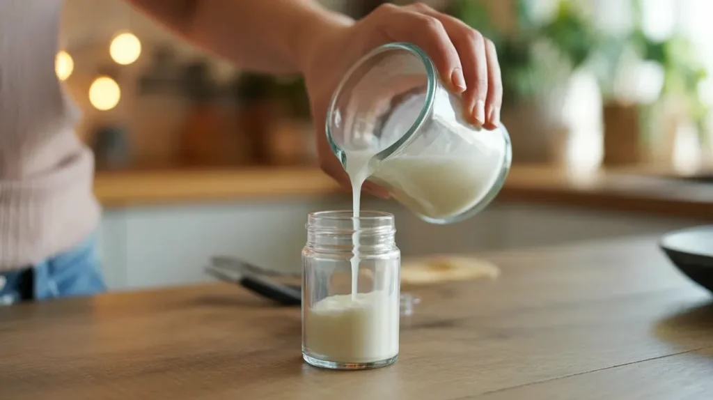 Pouring homemade natural deodorant mixture into a glass jar — DIY natural deodorant recipe step by step