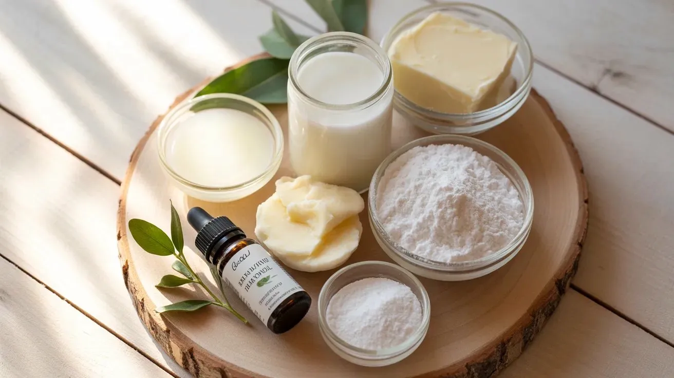 Natural deodorant recipe ingredients including coconut oil, shea butter, arrowroot powder, baking soda and essential oil on a rustic wooden board