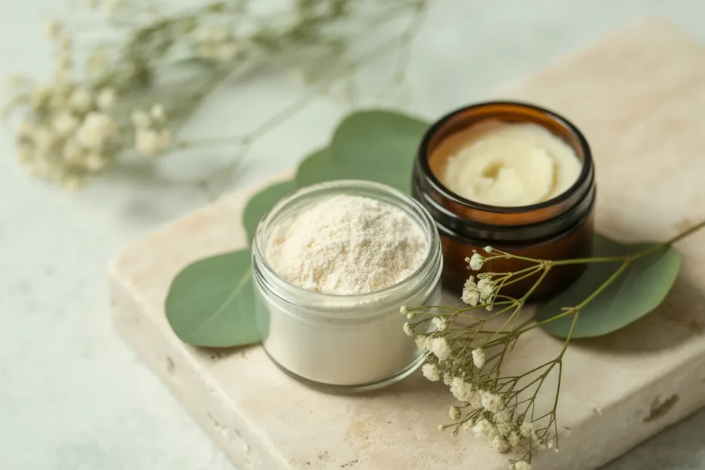 A small jar of magnesium hydroxide powder beside a jar of homemade natural deodorant on a stone surface with green leaves—a gentle deodorant recipe without baking soda