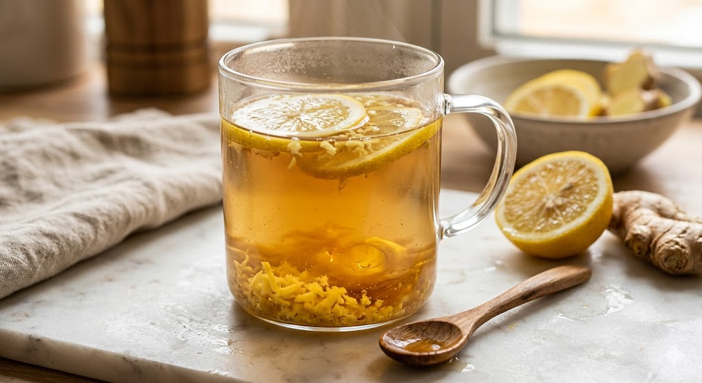 Classic lemon ginger detox drink — warm water with fresh lemon slices, grated ginger and raw honey in a clear glass mug