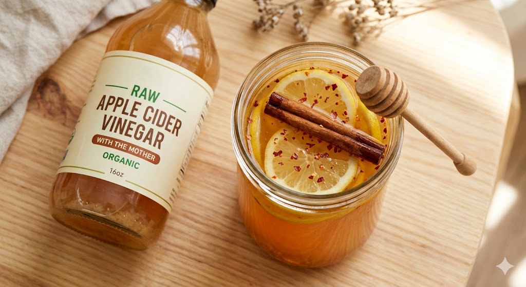 Apple cider vinegar detox drink — ACV tonic with lemon, honey and cinnamon in a glass jar with lemon slices