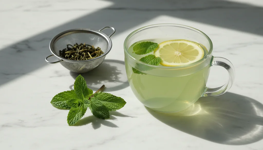 Green tea cleanse blend — light green tea in a glass mug with fresh mint leaves and lemon slice on marble surface