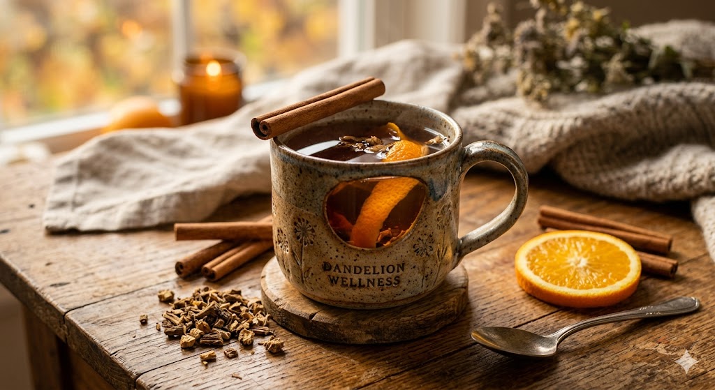 Dandelion root detox tea — rich earthy amber tea in a ceramic mug with cinnamon stick and orange peel on rustic wooden surface