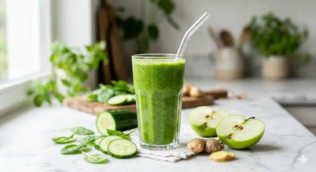 Green detox smoothie — vibrant green blend of spinach, cucumber, green apple and ginger in a tall glass with a straw