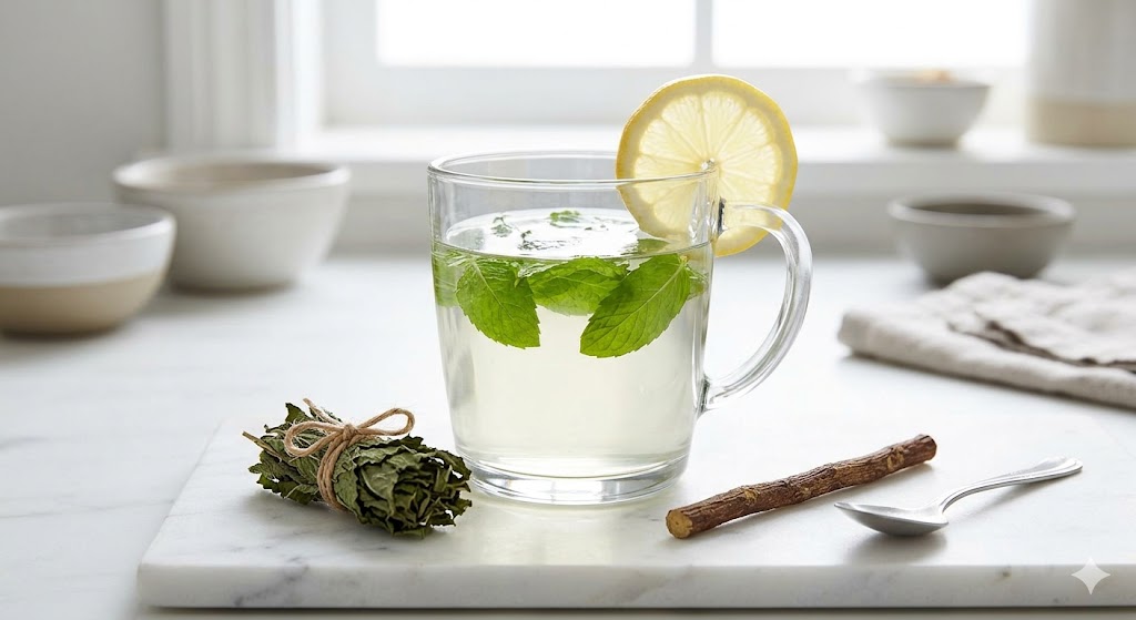 Peppermint licorice detox tea — light clear tea in a glass mug with fresh peppermint leaves and lemon slice on white marble