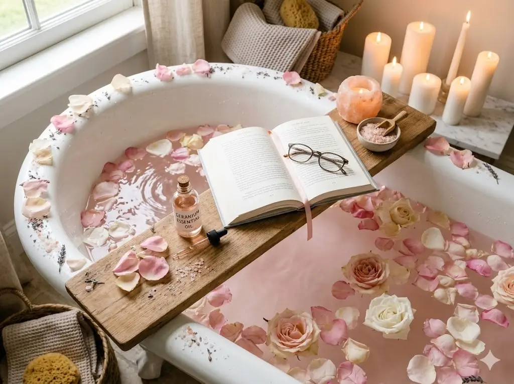 Rose and Himalayan salt pampering detox bath recipe with geranium essential oil and candles