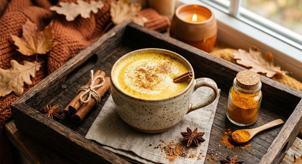 Turmeric golden milk detox latte — warm golden turmeric almond milk in a ceramic mug with cinnamon sticks and star anise
