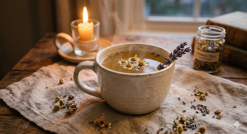 Chamomile lavender detox tea — pale golden tea in a ceramic mug with dried chamomile flowers and lavender sprigs on linen cloth