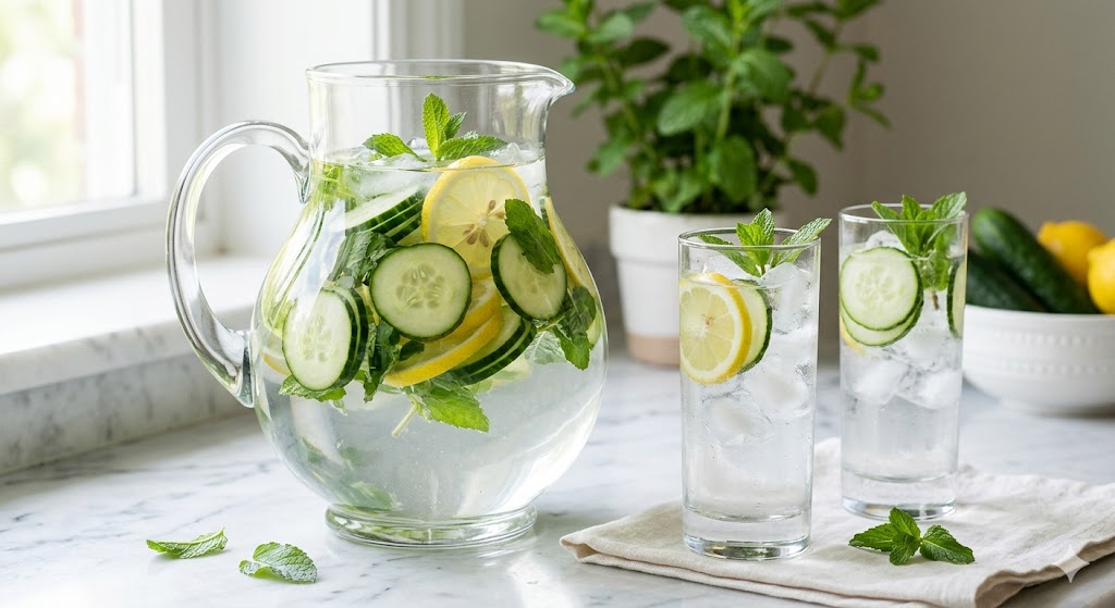 Cucumber mint detox water — large glass pitcher filled with cucumber slices, fresh mint leaves and lemon rounds in clear water