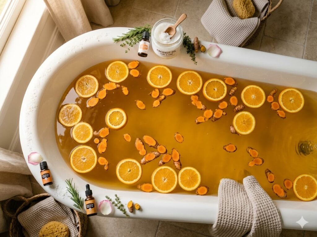 Coconut oil and turmeric glow detox bath recipe with orange slices floating in golden water