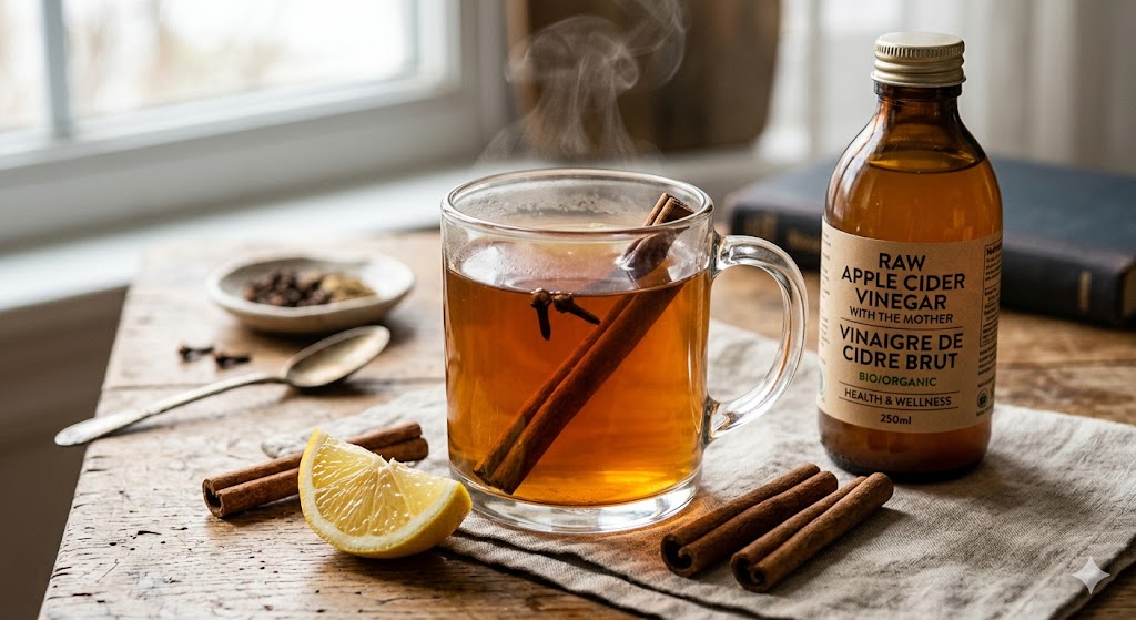 Apple cider vinegar detox tea — amber spiced tea in a glass mug with cinnamon sticks, cloves and lemon on wooden surface