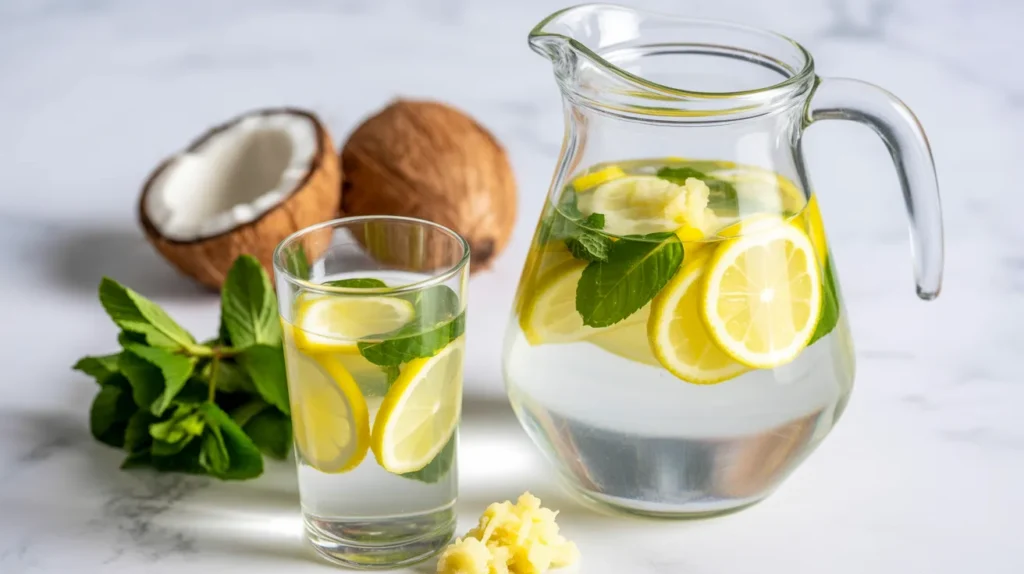 Coconut lemon detox water — glass pitcher with coconut water, fresh lemon slices, mint and ginger on a bright tropical background