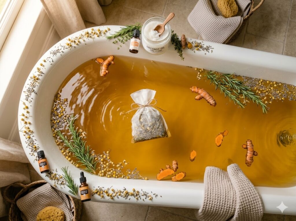 Herbal garden detox bath recipe with chamomile, rosemary, turmeric and muslin herb sachet