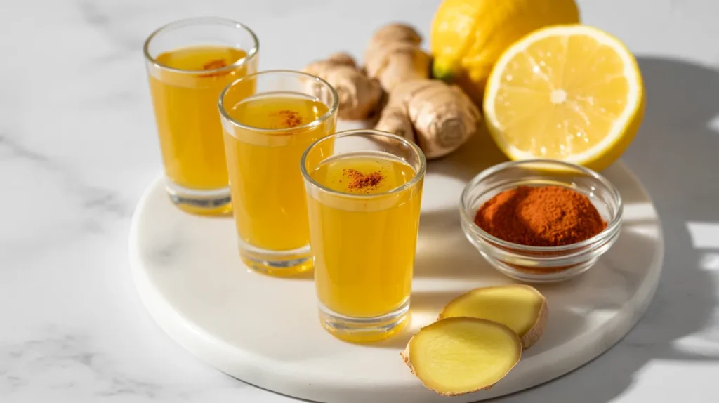 Ginger lemon cayenne morning detox shot — small shot glasses with bright yellow ginger lemon juice and cayenne on marble