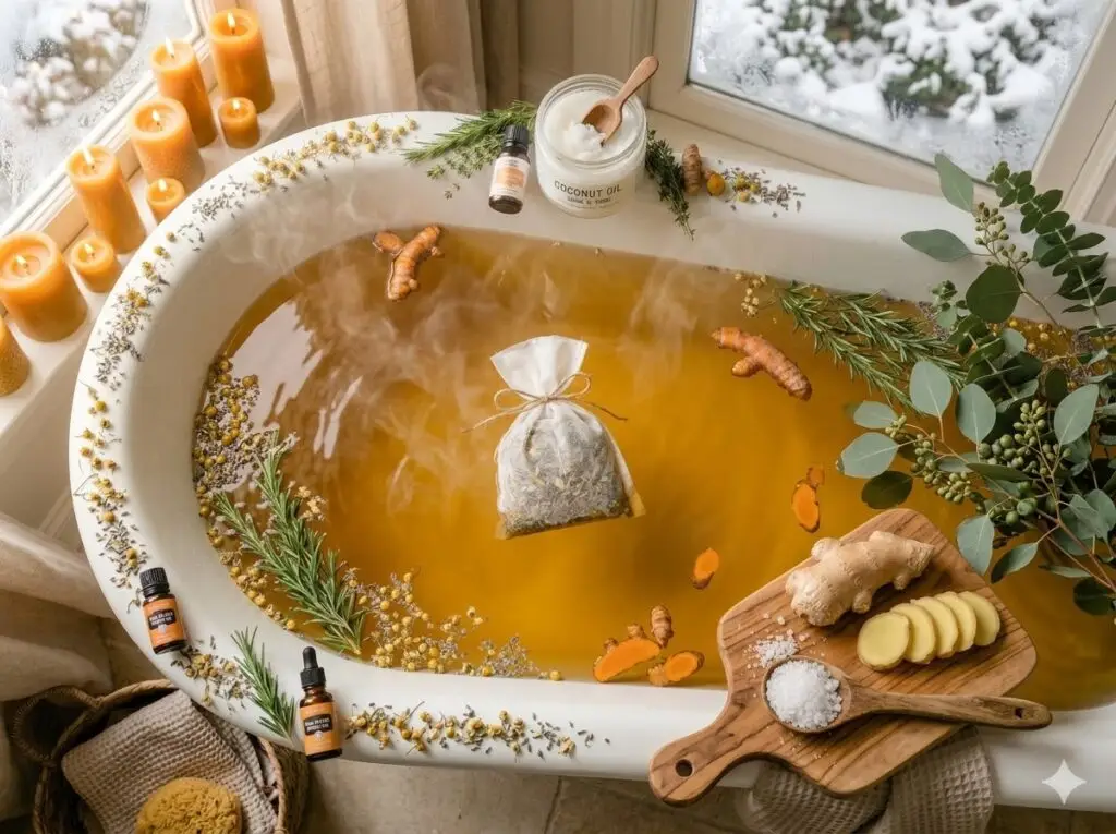 Ginger and sea salt warming detox bath recipe with candles and eucalyptus for cold winter days