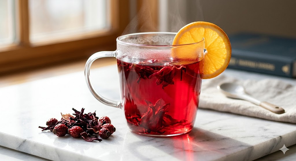 Hibiscus rosehip detox tea — stunning ruby-red tea in a glass mug with dried hibiscus flowers and orange slice on marble